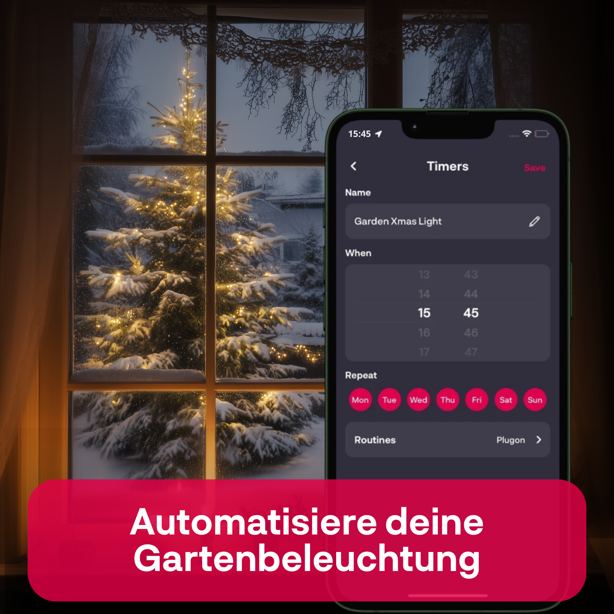 Smartphone met timer-app voor een besneeuwde, verlichte kerstboom gezien door een raam.