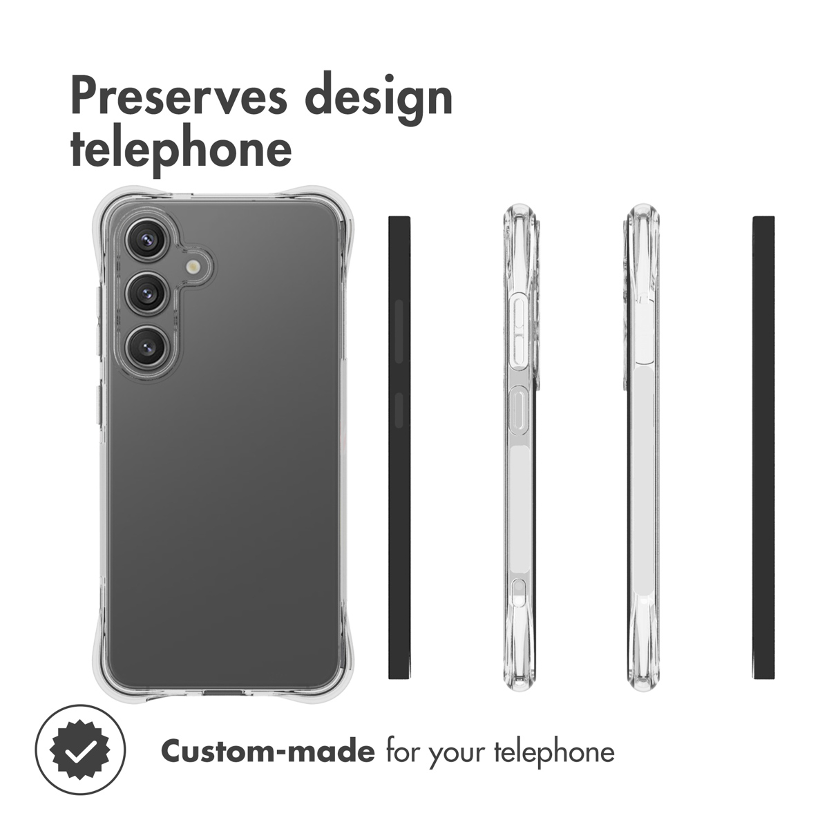 Funda protectora transparente para teléfono con recortes para cámara, botones y texto.