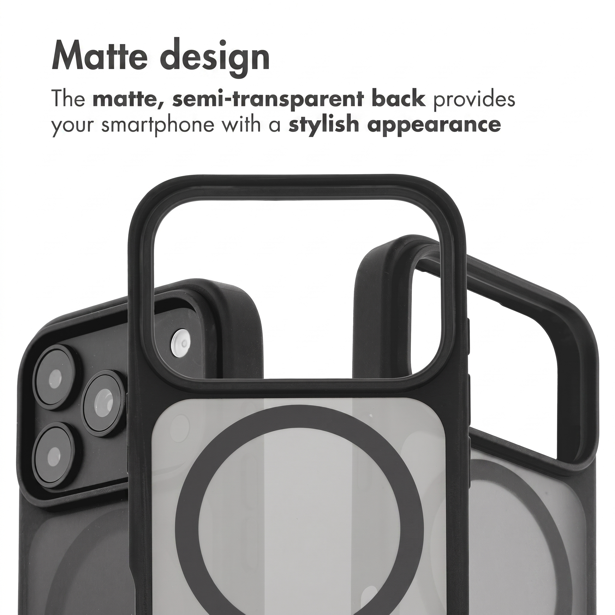 Cover per smartphone nera e opaca con retro semi-trasparente e cerchio MagSafe.