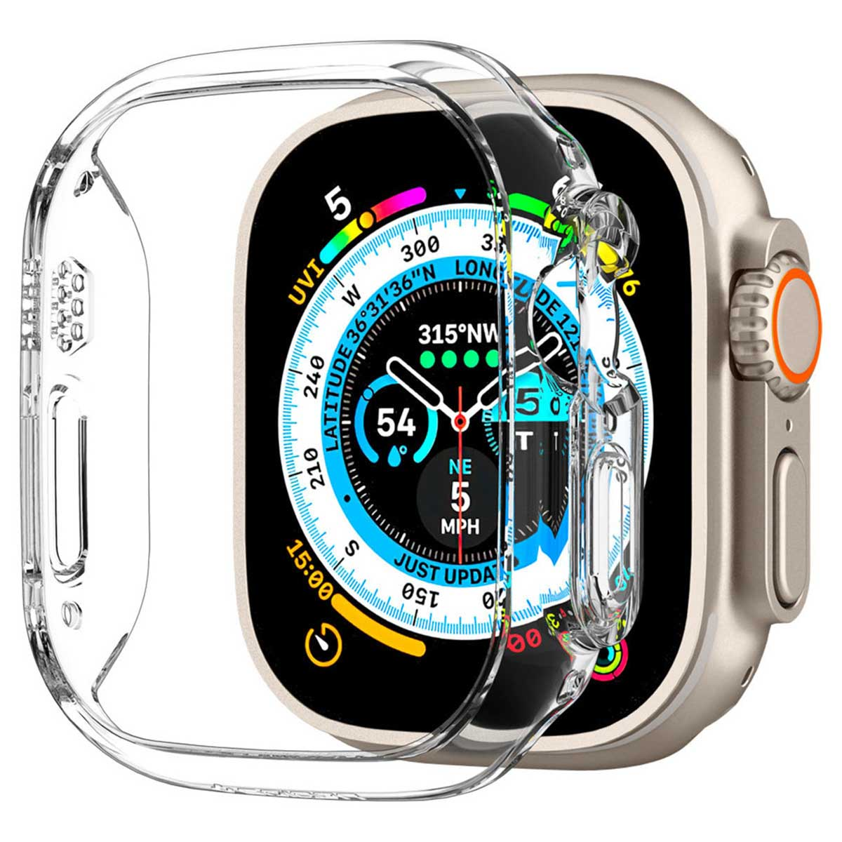 Smartwatch ze srebrną kopertą i przezroczystym etui ochronnym nad kolorową tarczą.