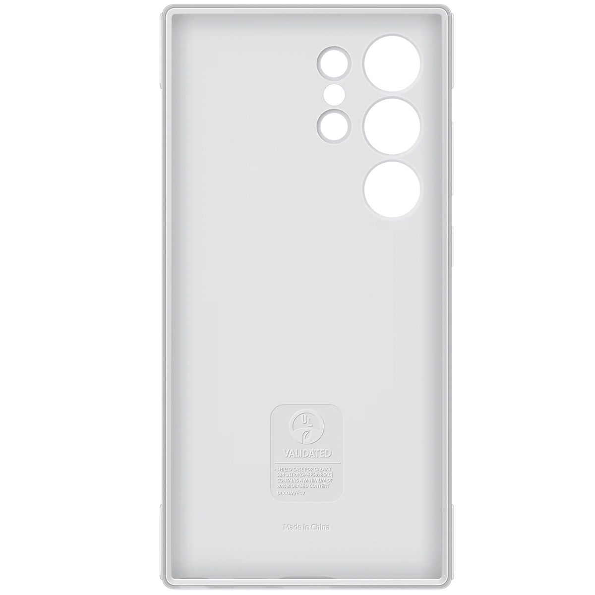 Białe etui na smartfon z wycięciami na aparat i tekstem z tyłu.