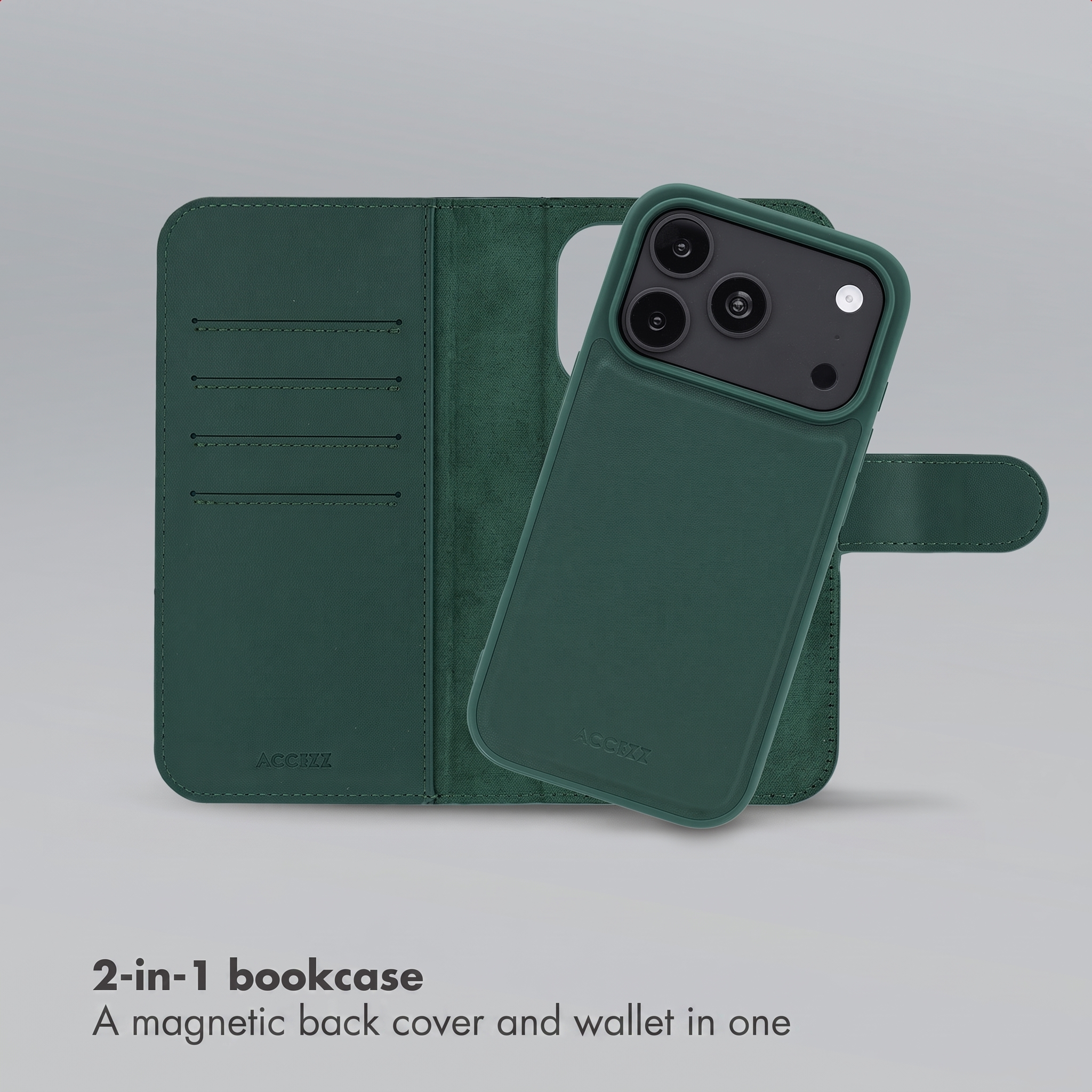 Funda tipo libro verde 2 en 1 con trasera magnética y cartera.