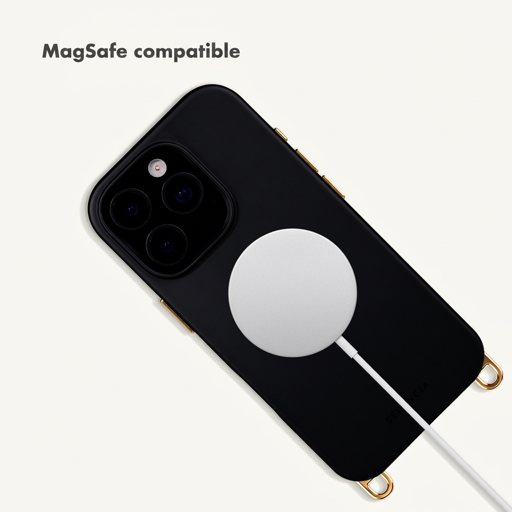 Un smartphone negro con funda dorada y un cargador MagSafe blanco conectado.