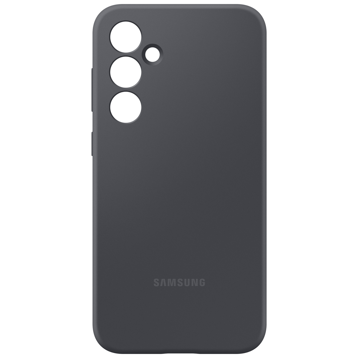 Custodia per smartphone in silicone grigio scuro con aperture per tre fotocamere e il logo Samsung in basso.