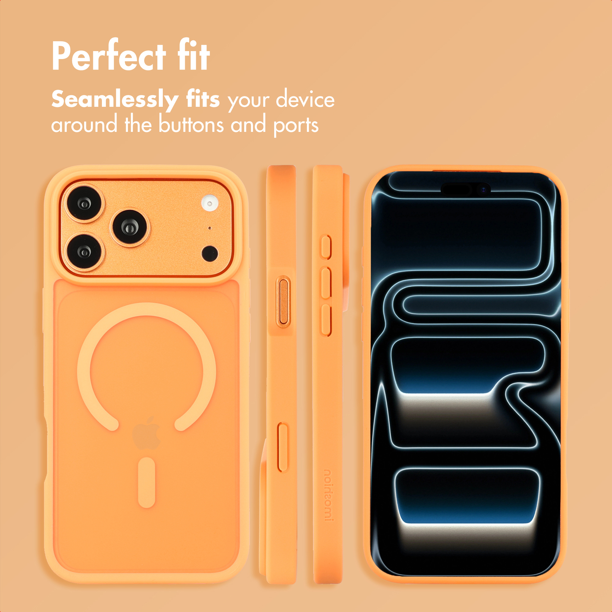 Orange phone case shown from back, side, and front angles on an orange background with text.