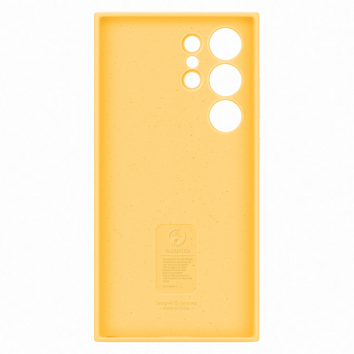 Żółte silikonowe etui na smartfon z wycięciami na aparat i etykietami zawartości.