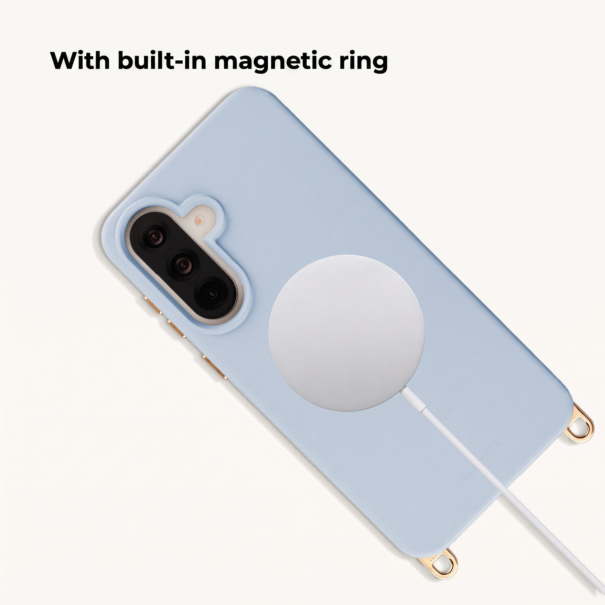 Hellblaue Handyhülle mit integriertem Magnetring und angetztem Ladekabel auf hellem Hintergrund.
