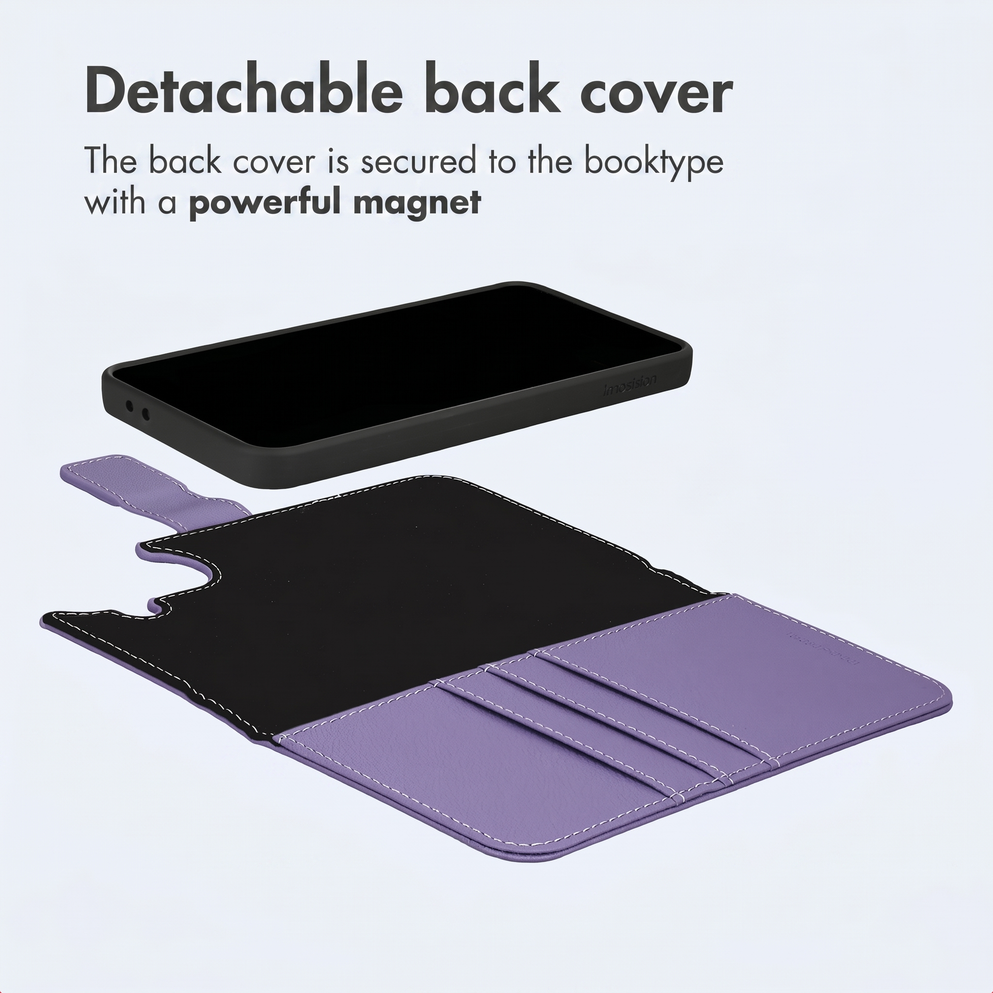 Un smartphone y una funda tipo libro de cuero morado desmontable con tarjeteros sobre fondo blanco.