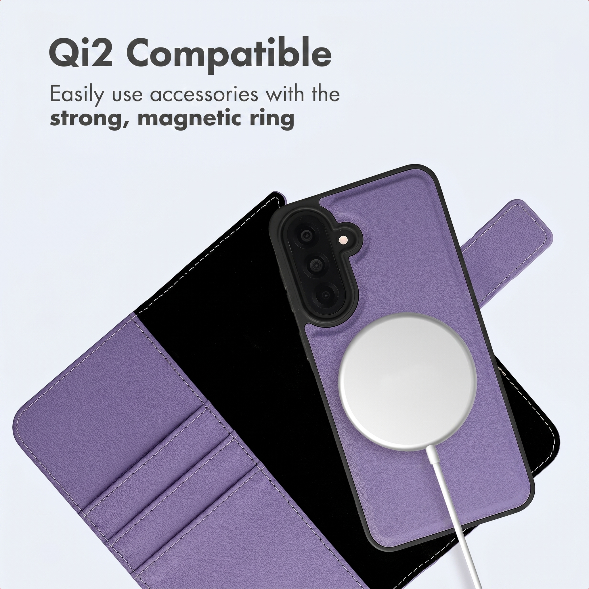 Funda morada compatible con Qi2 y anillo magnético para accesorios.