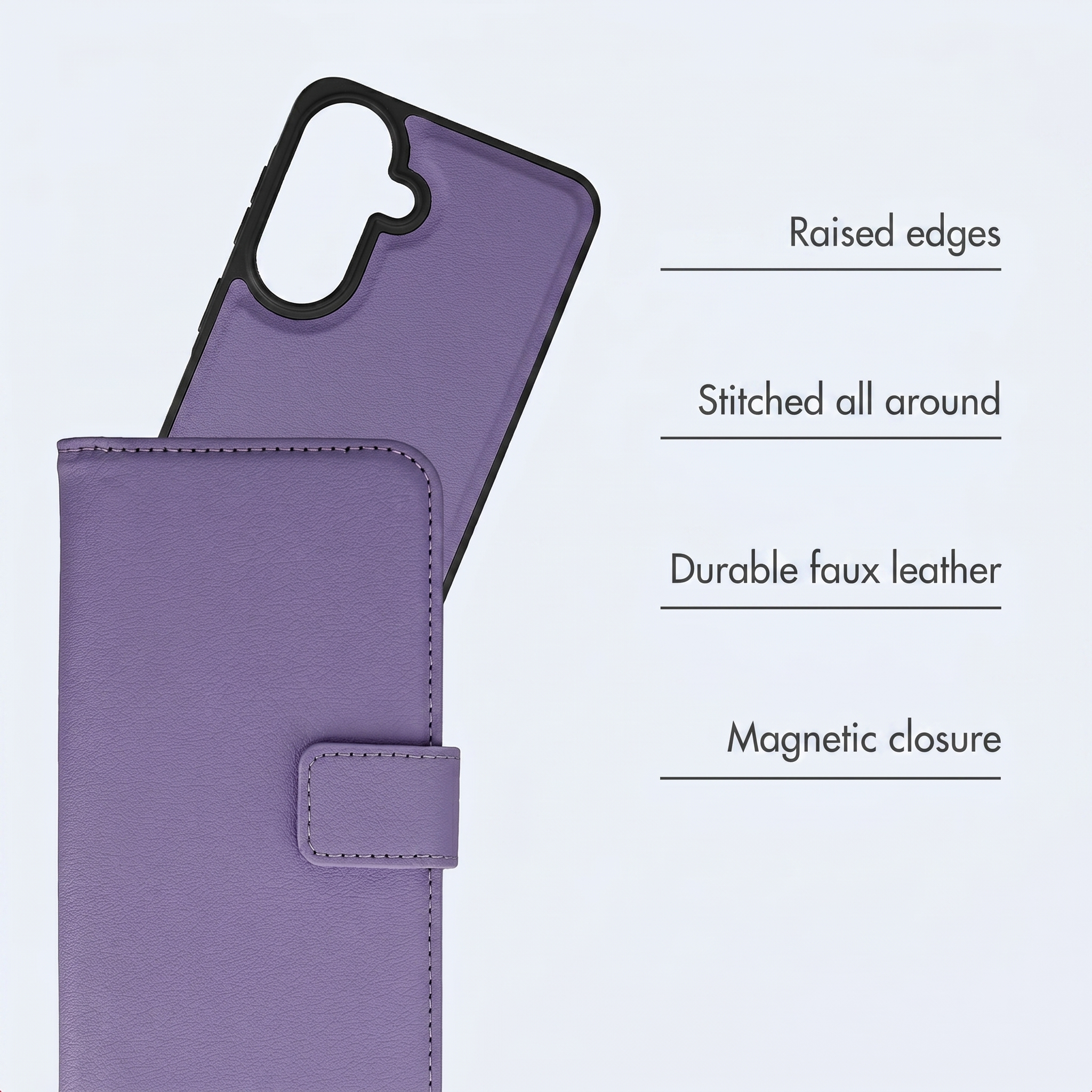 Fundador de cuero sintético morado con etiquetas que indican bordes elevados, costuras y cierre magnético.