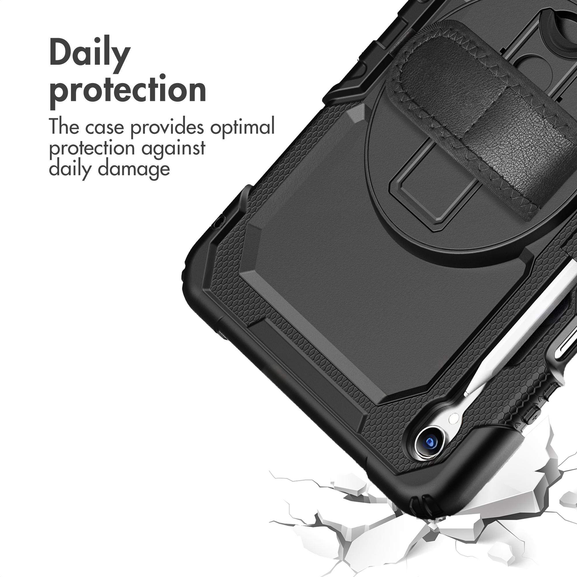 Coque de protection noire robuste pour tablette avec support et stylet intégrés, idéale au quotidien.