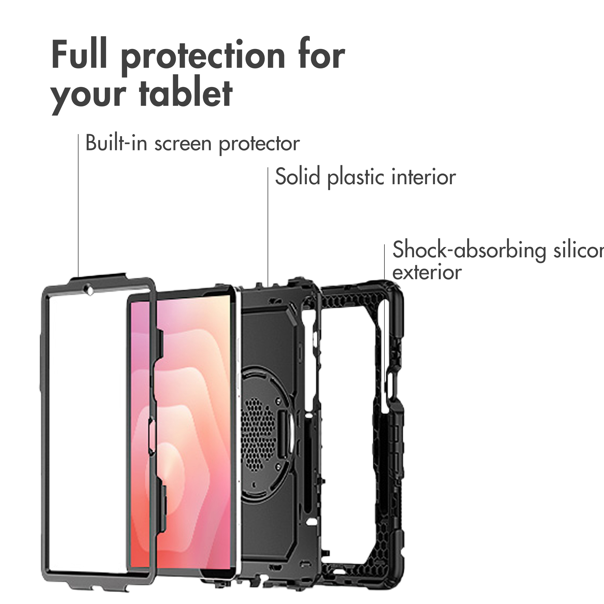 Vue éclatée d'un étui pour tablette avec protecteur d'écran intégré, intérieur en plastique et extérieur en silicone.