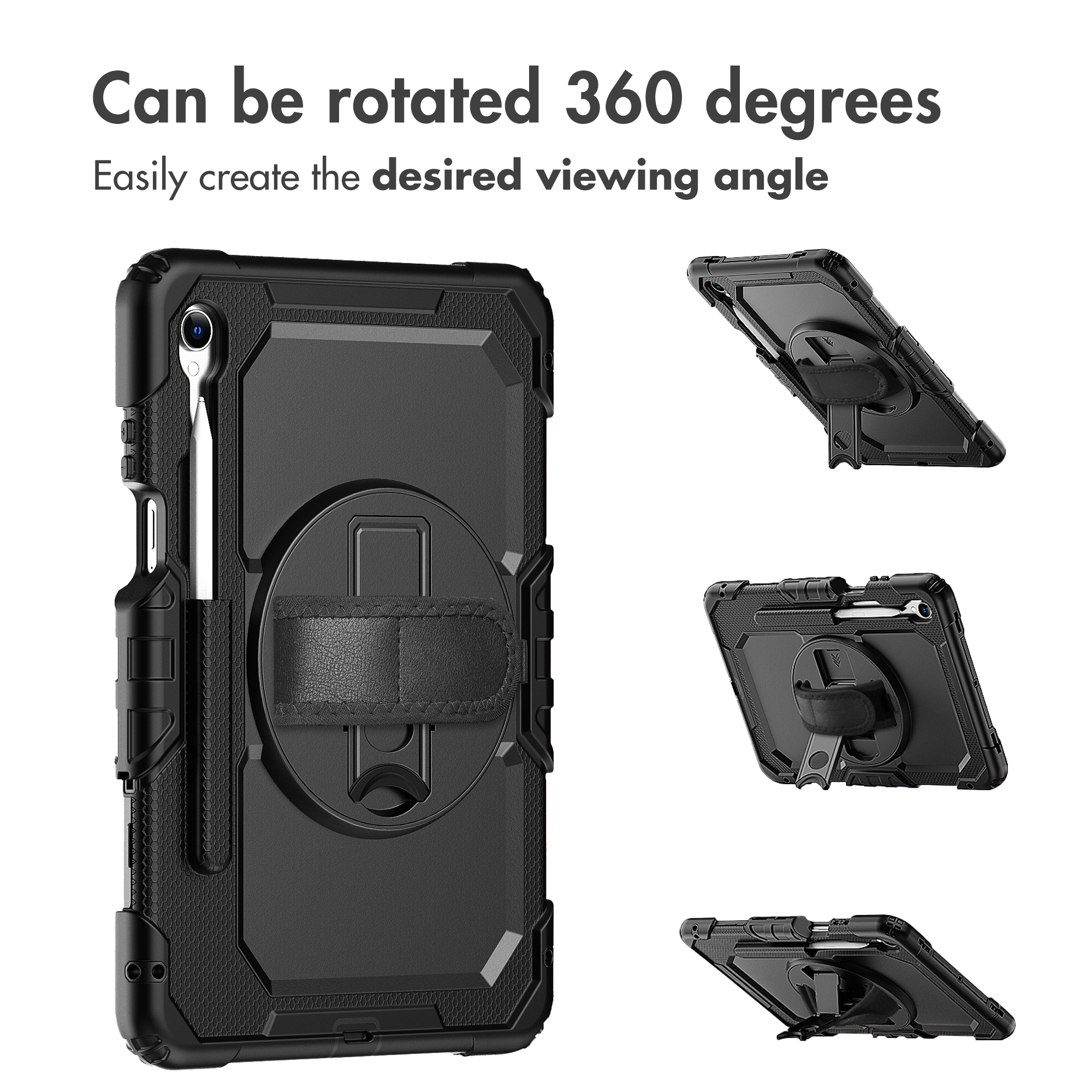 Coque de tablette noire robuste avec sangle de main rotative et porte-stylet montrée sous plusieurs angles.