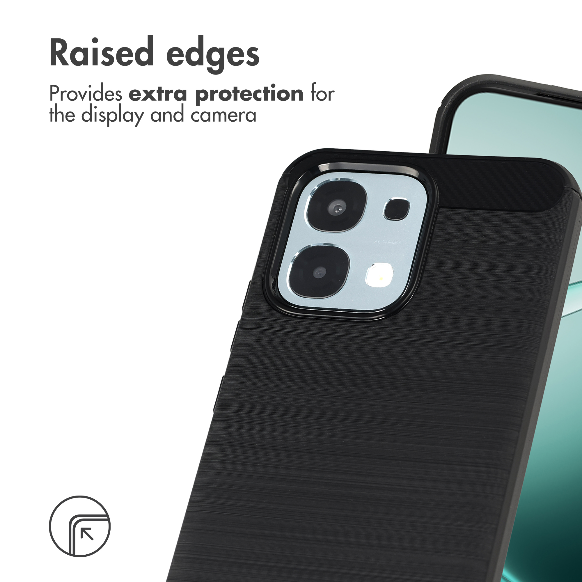 Cover per smartphone nera con bordi rialzati per proteggere lo schermo e la fotocamera.