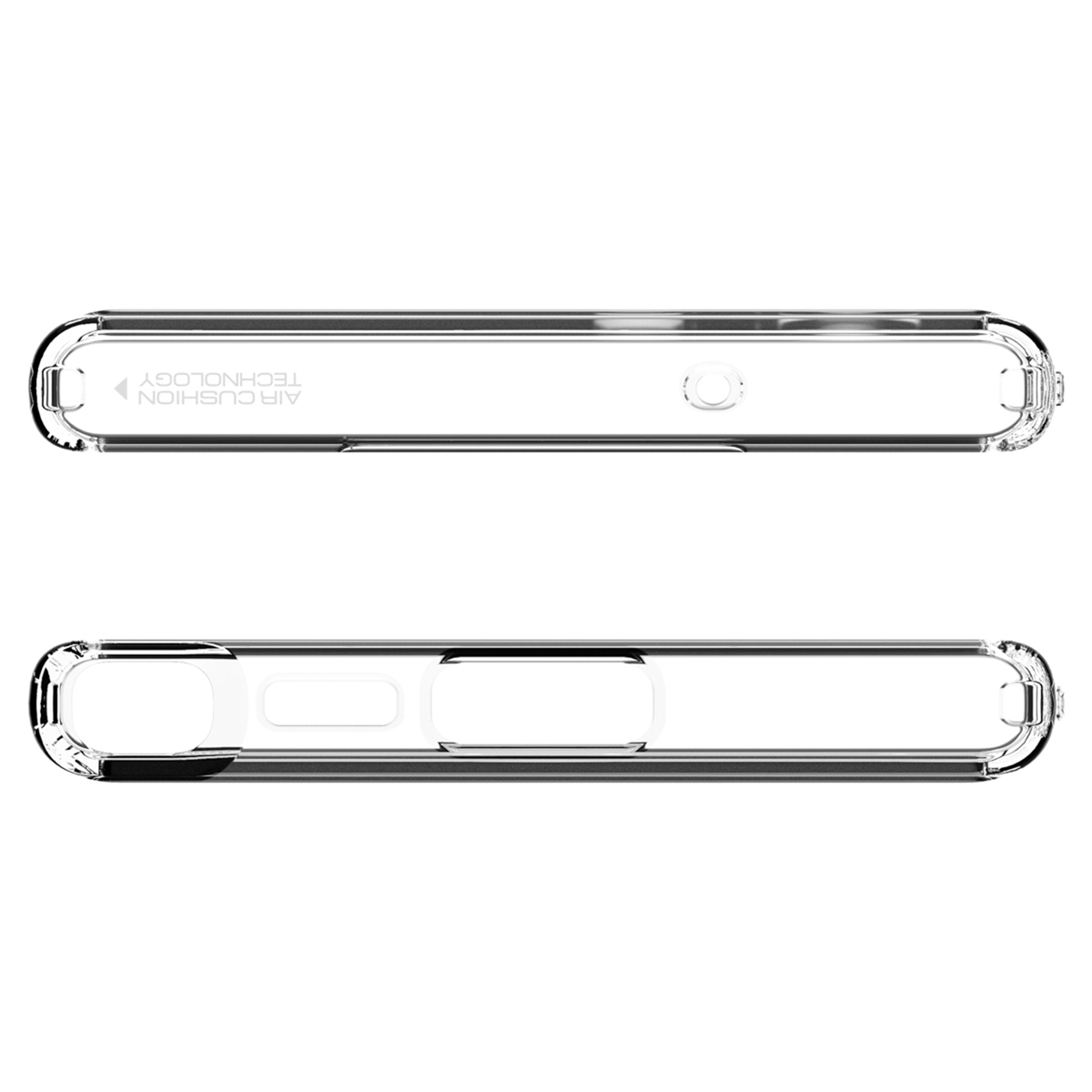 Dwa widoki przezroczystego etui na telefon z technologią Air Cushion.