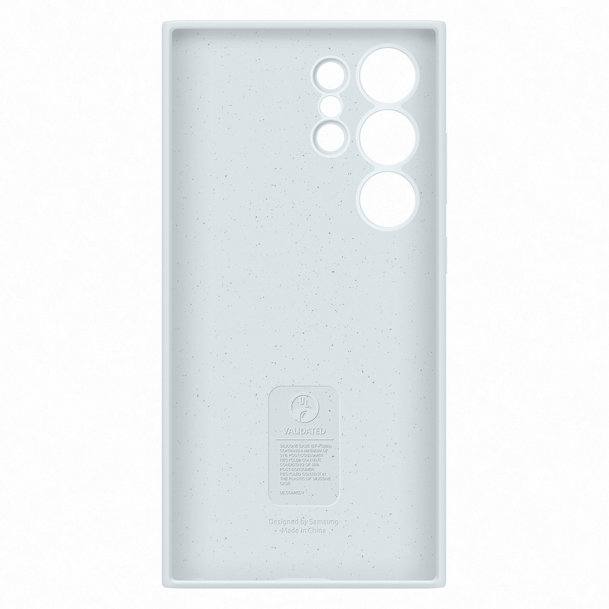 Jasnoniebieskie etui na telefon z plamkami z recyklingu, wycięciami na aparat i logo Samsung.