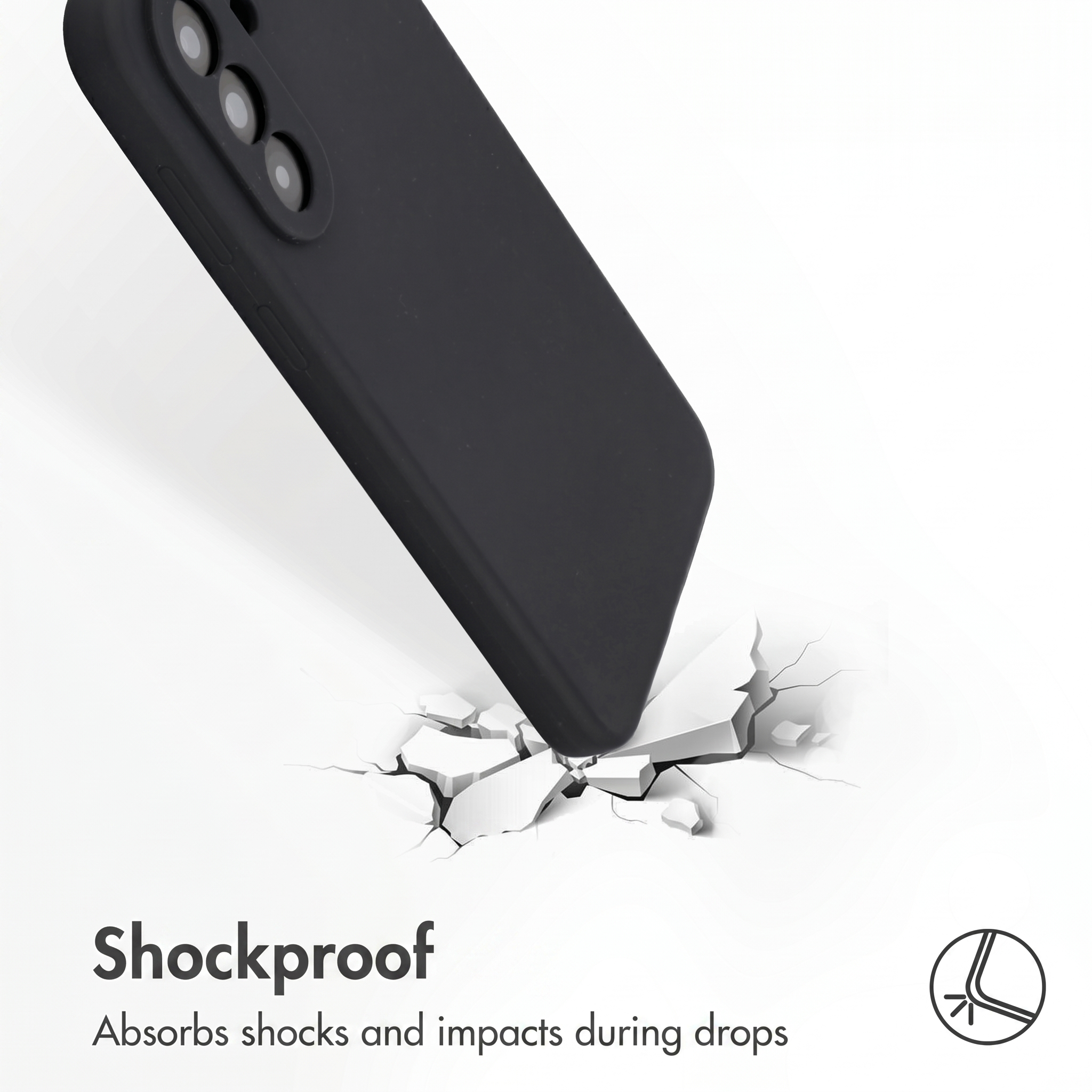 Une coque noire frappe une surface blanche fissurée, montrant une protection antichoc.