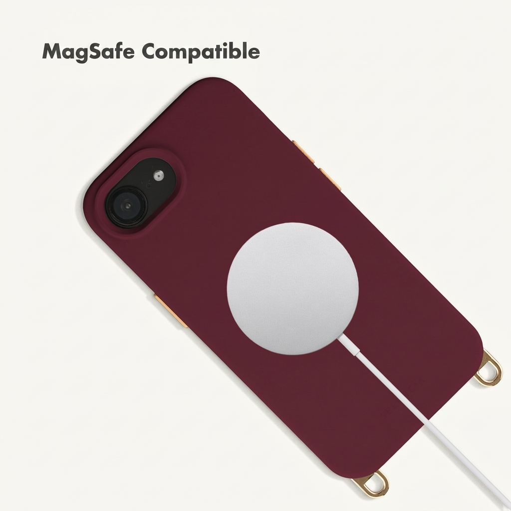 Une coque de téléphone marron avec un chargeur MagSafe attaché sur fond blanc.
