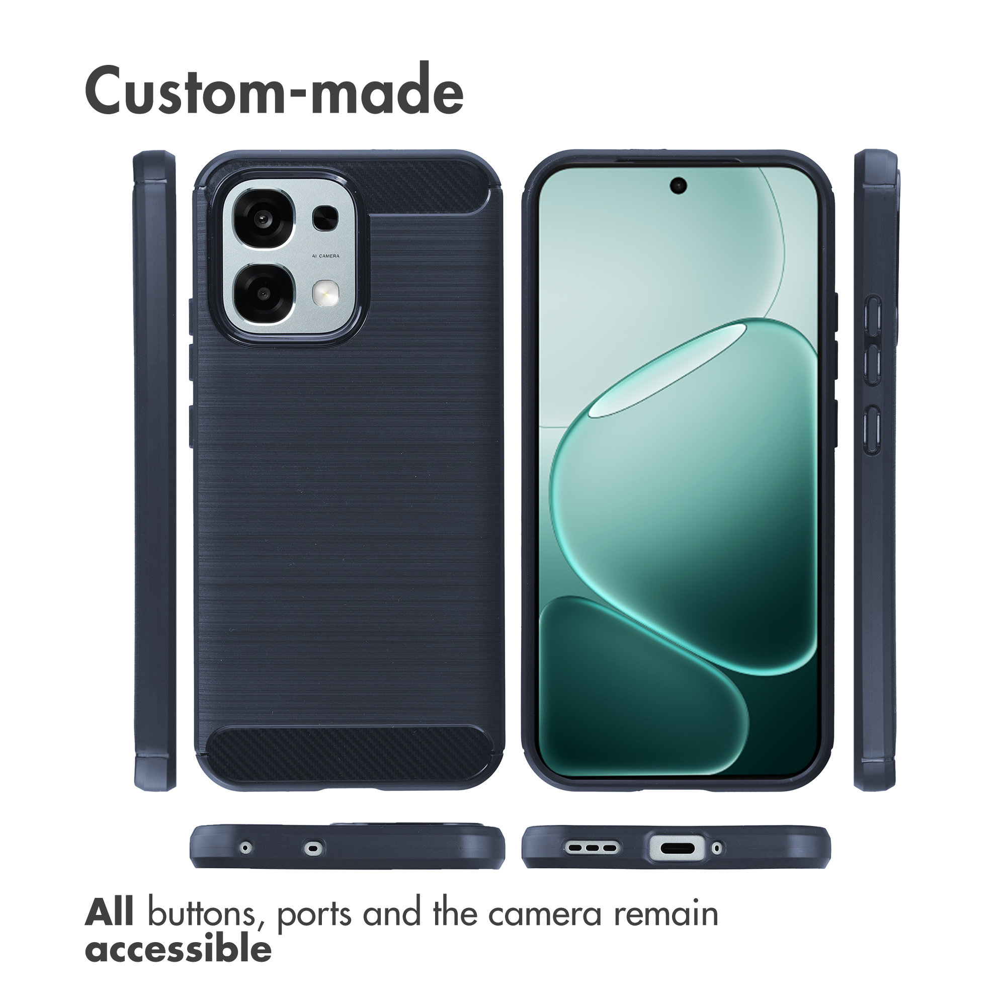 Vista frontale, posteriore e laterale di una custodia per smartphone blu scuro con fori per fotocamera e porte.