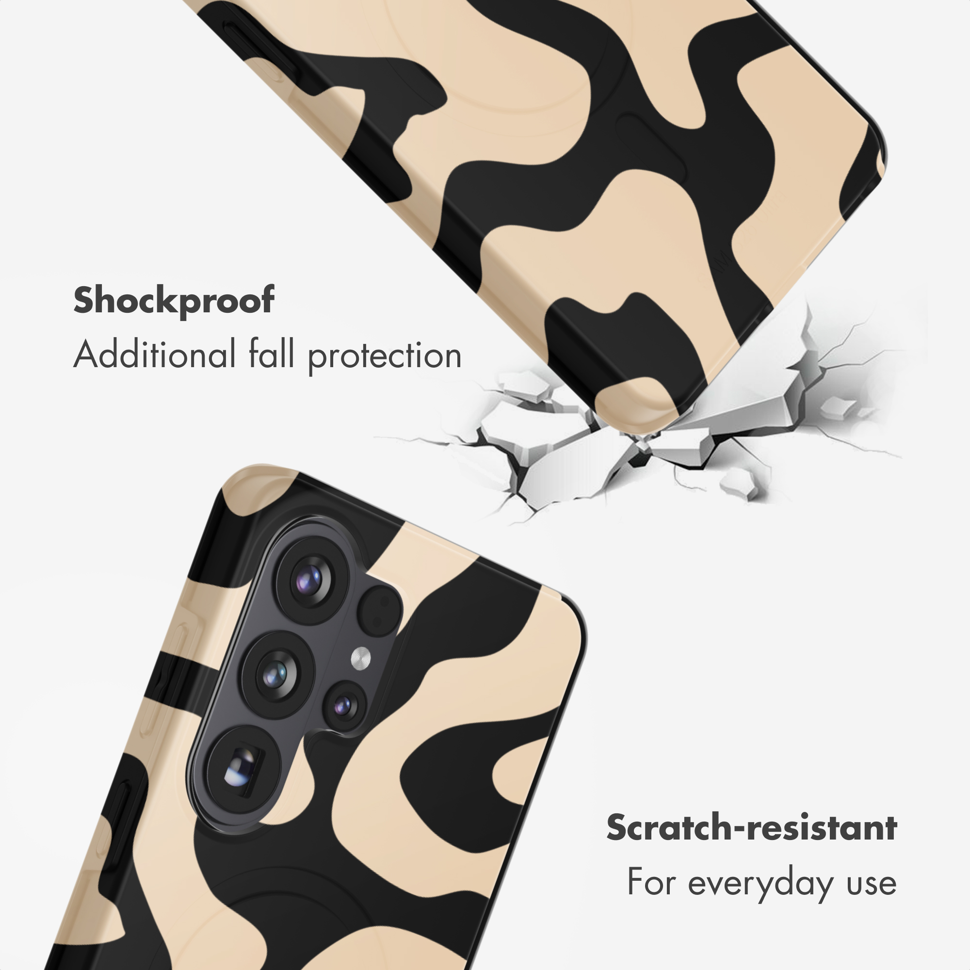 Funda de teléfono con patrón abstracto negro y beige y texto de prueba de golpes.