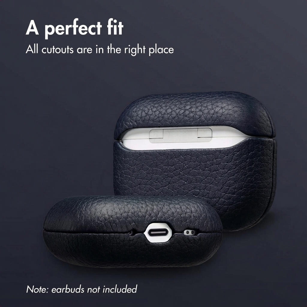 Custodia in pelle blu scuro per AirPods con ritagli precisi su sfondo scuro.
