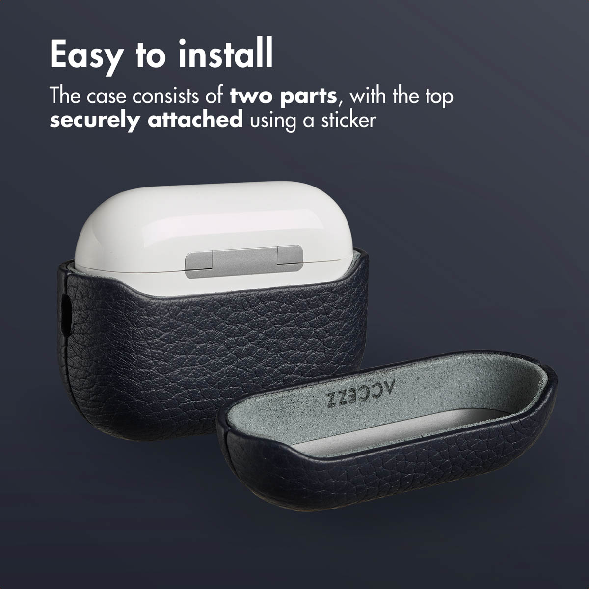Custodia per AirPods Pro in pelle scura in due parti su sfondo scuro, con corpo e coperchio.