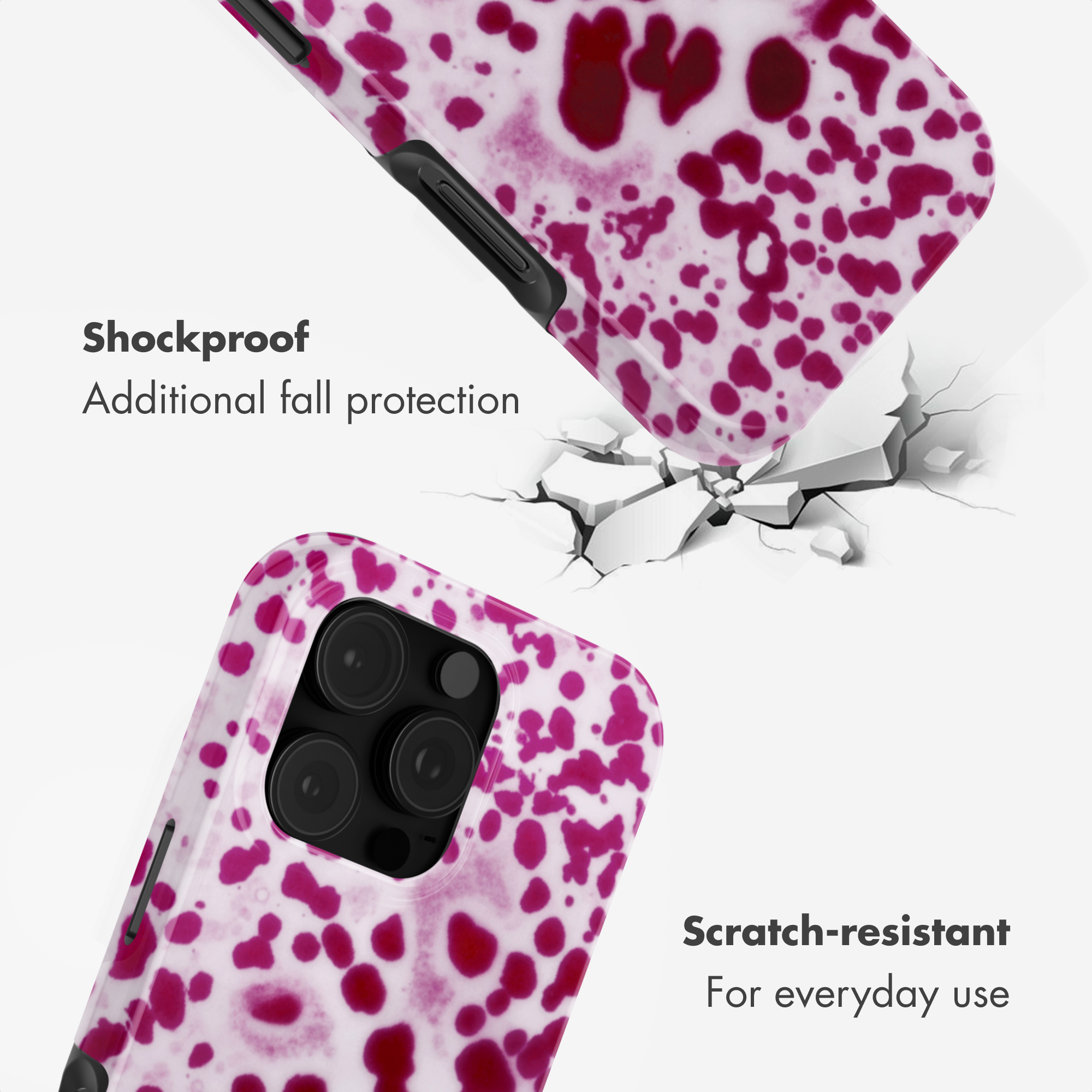 Cover per telefono rosa e bianca maculata, antiurto e antigraffio su sfondo bianco.