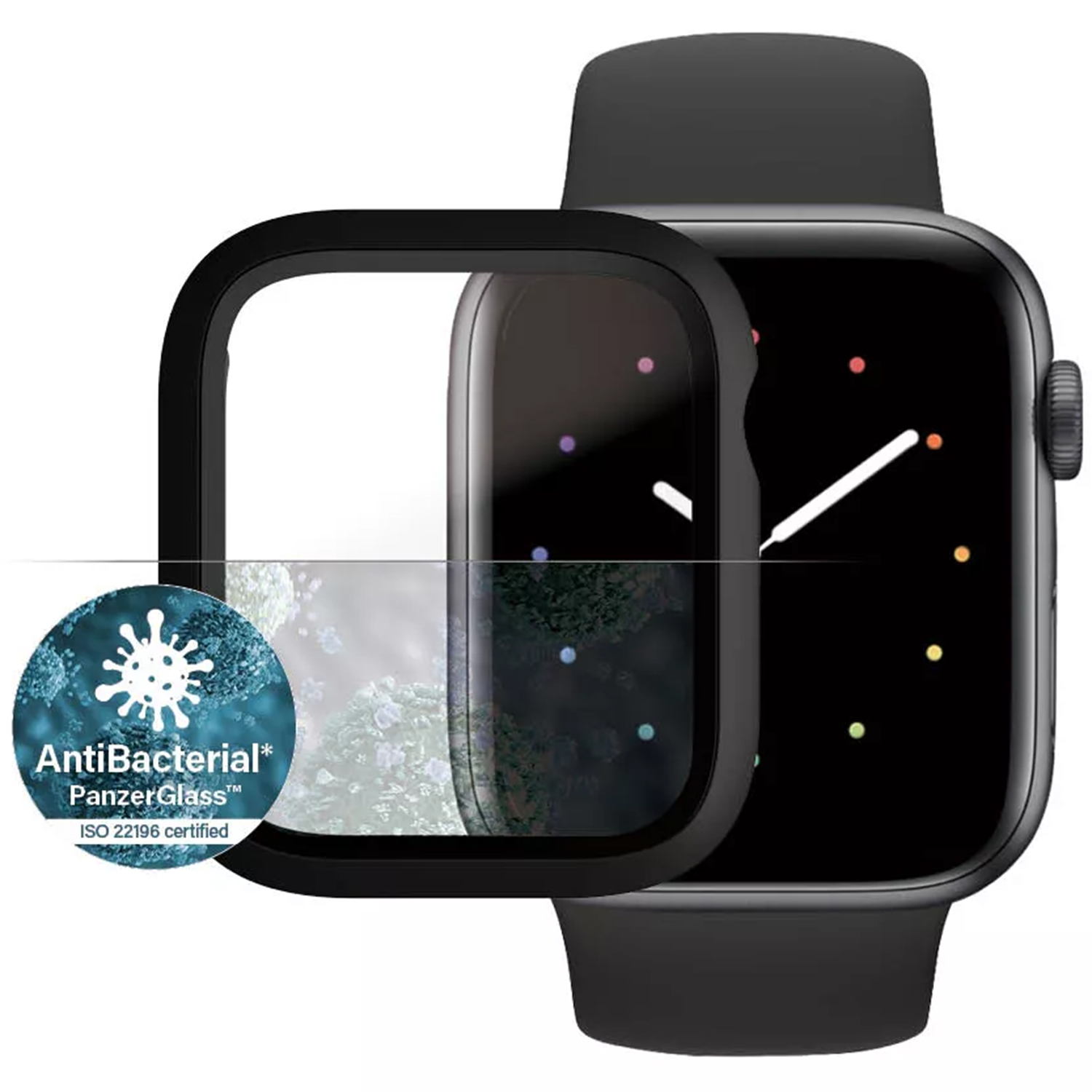 Czarny smartwatch z antybakteryjnym szkłem ochronnym i oznaczeniem certyfikacji ISO.