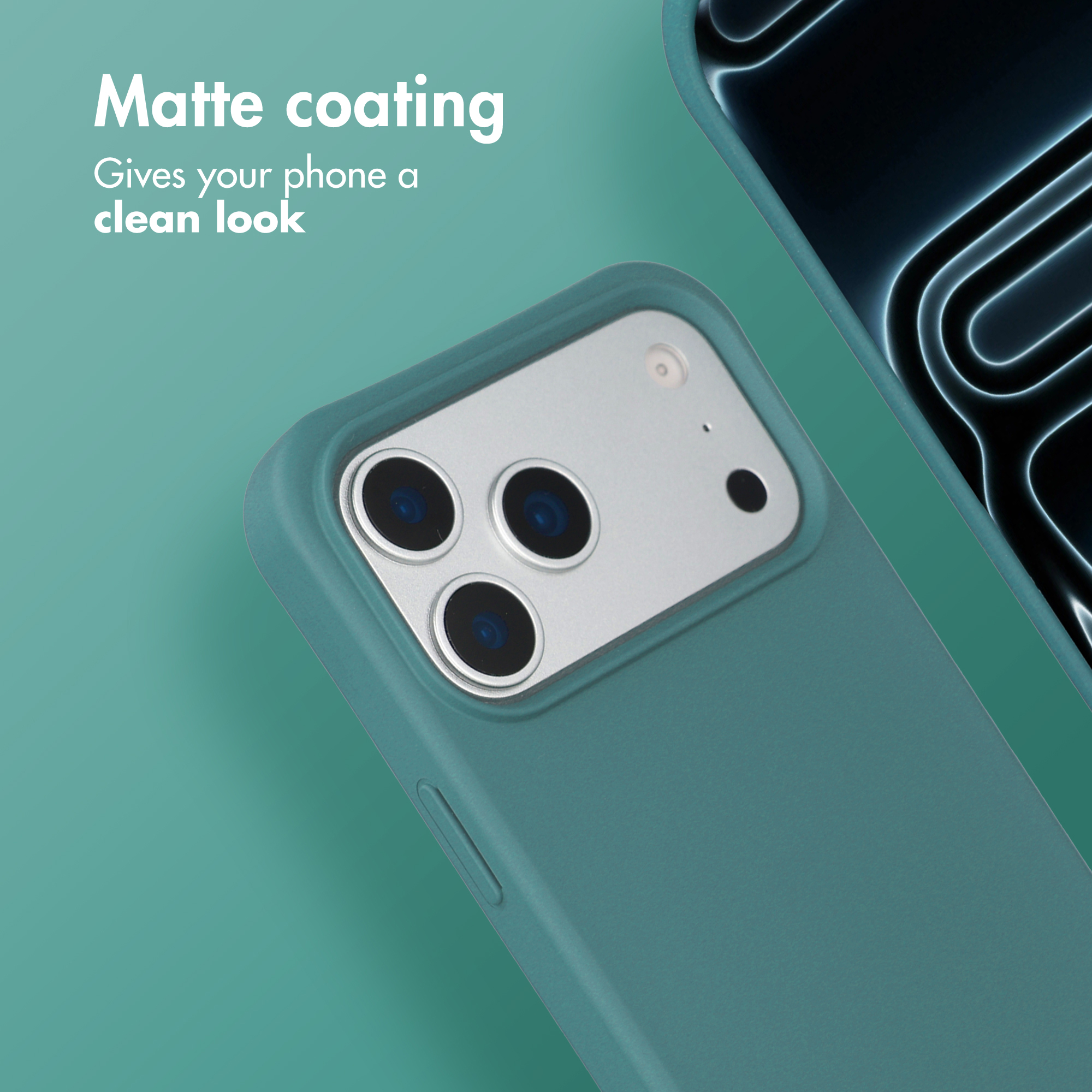 Una custodia per telefono verde con ritaglio per fotocamera su sfondo verde e testo.