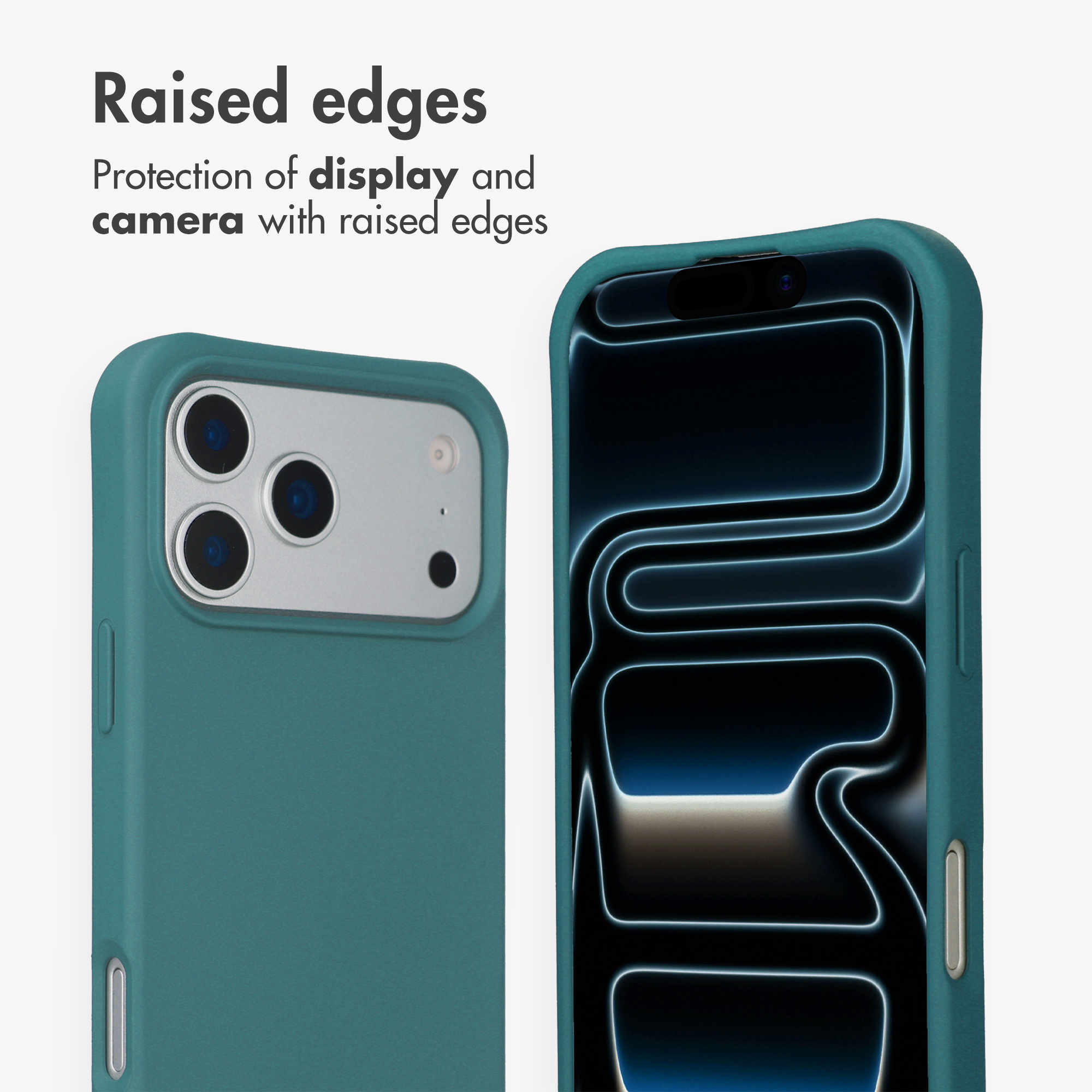 Smartphone verde in custodia protettiva con bordi rialzati per proteggere display e fotocamera.