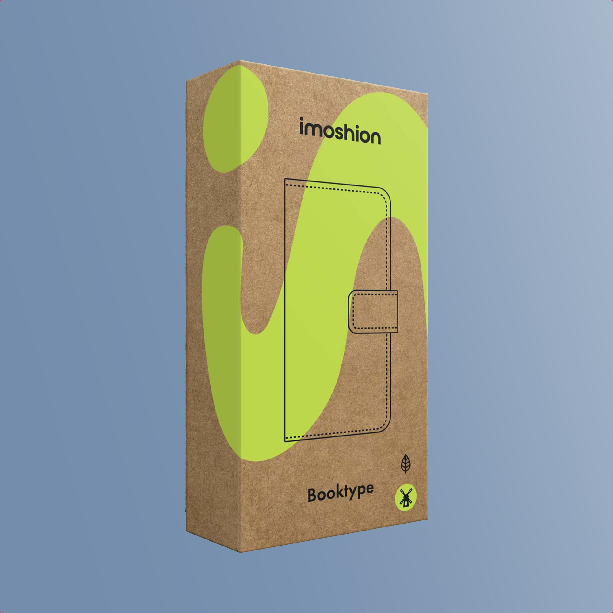 Caja de cartón para una funda de móvil tipo libro imoshion con gráficos verdes sobre fondo azul.