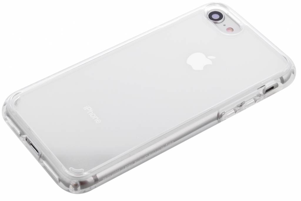 Tył iPhone'a w przezroczystym etui ochronnym na białym tle.
