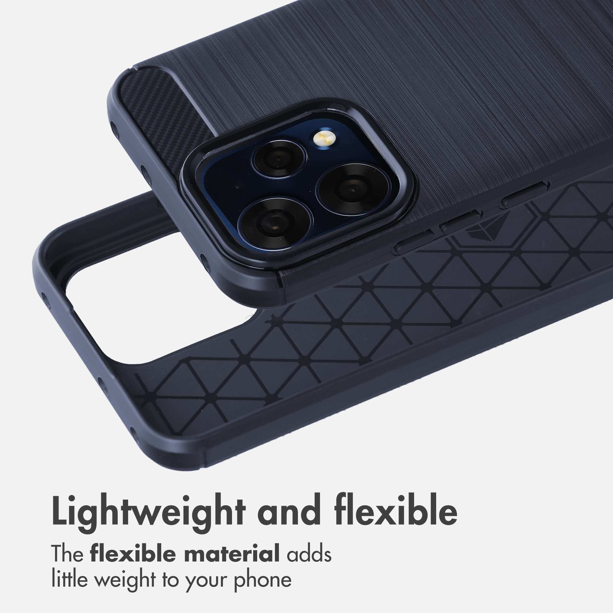Een zwart, geborsteld smartphonehoesje met camera-uitsparing en tekst.