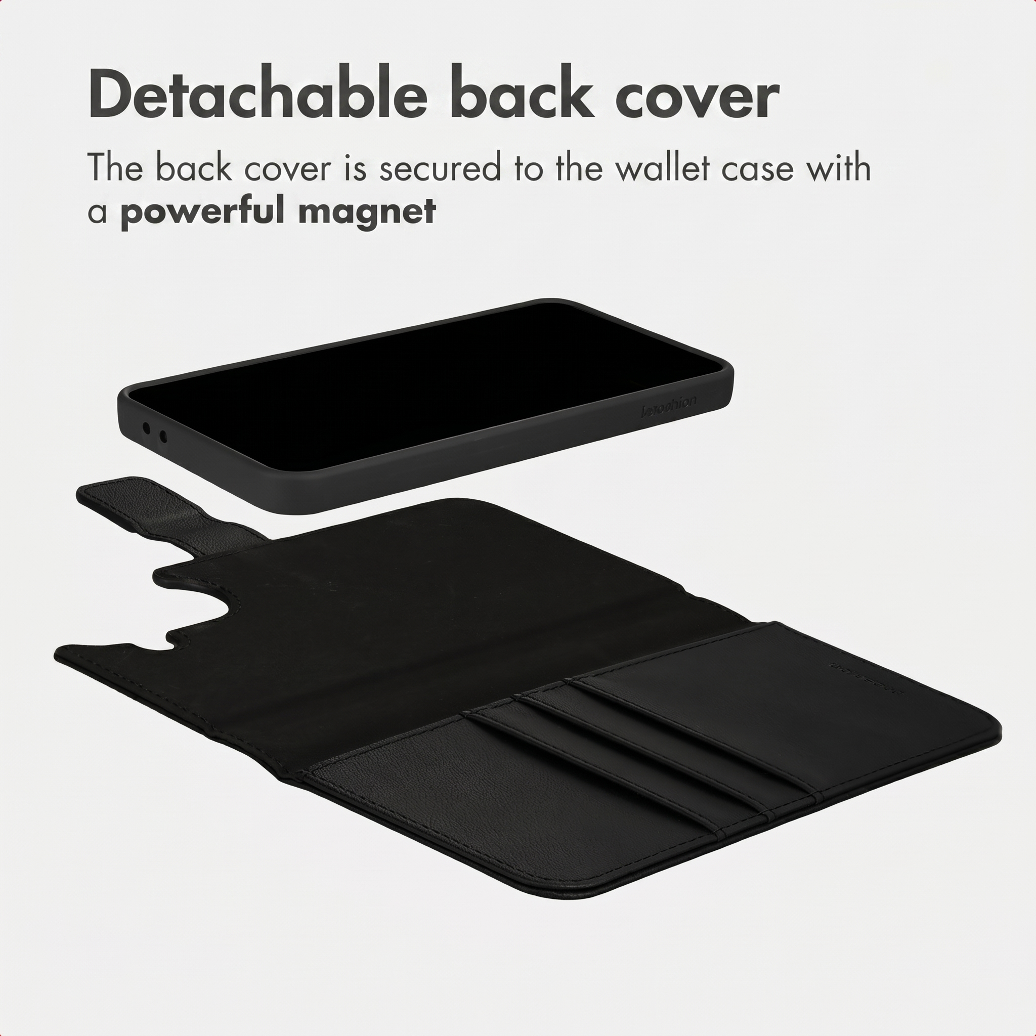 Funda de móvil negra con cubierta trasera desmontable y ranuras para tarjetas sobre fondo blanco.