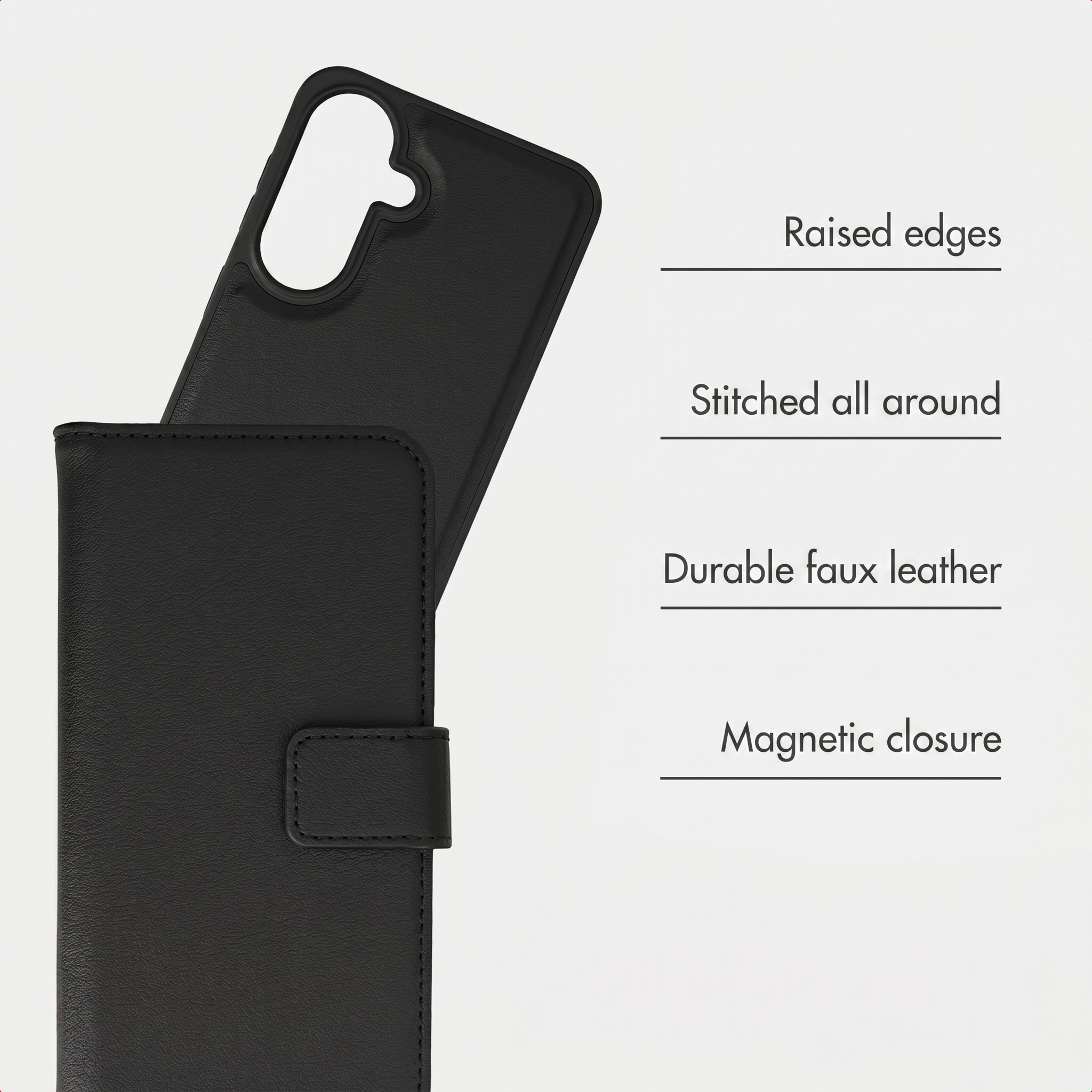 Funda de cuero sintético negro para teléfono con bordes elevados y cierre magnético.