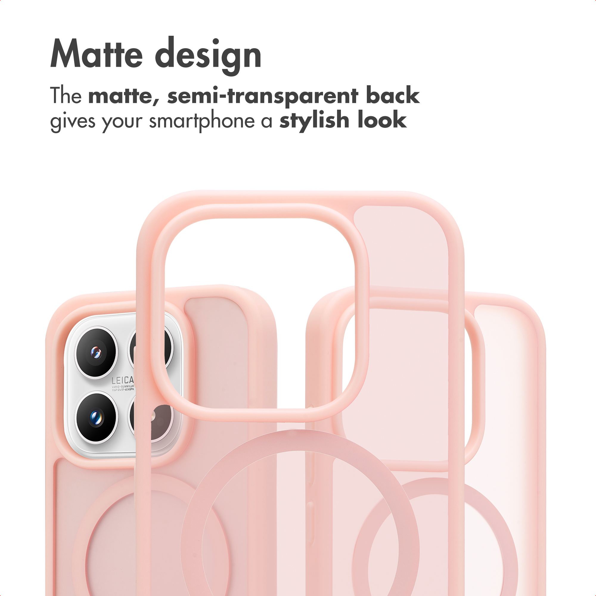 Una funda de smartphone rosa mate y semitransparente con recorte para cámara sobre fondo blanco.