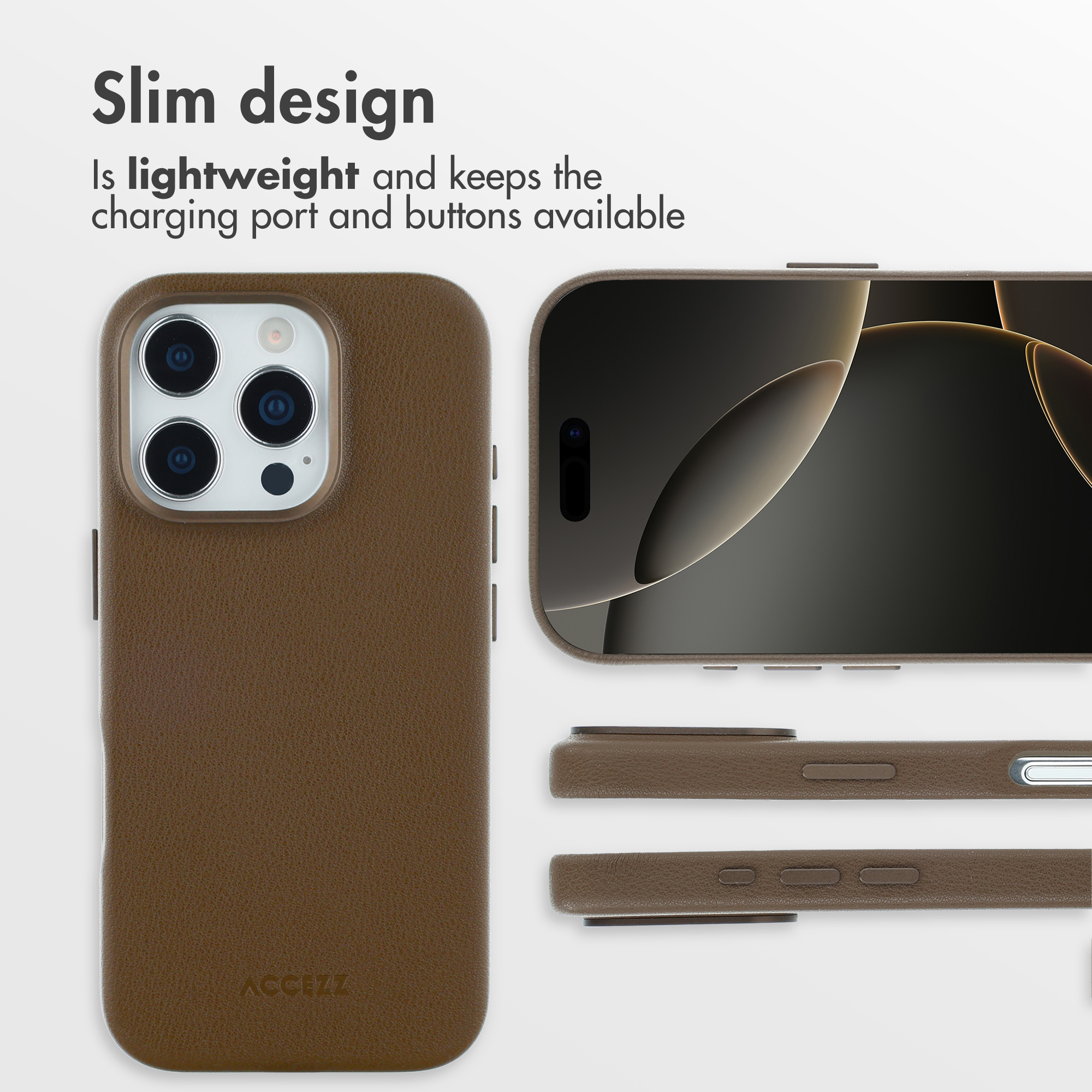 Coque de téléphone fine en cuir marron pour Apple iPhone, légère avec ports accessibles.