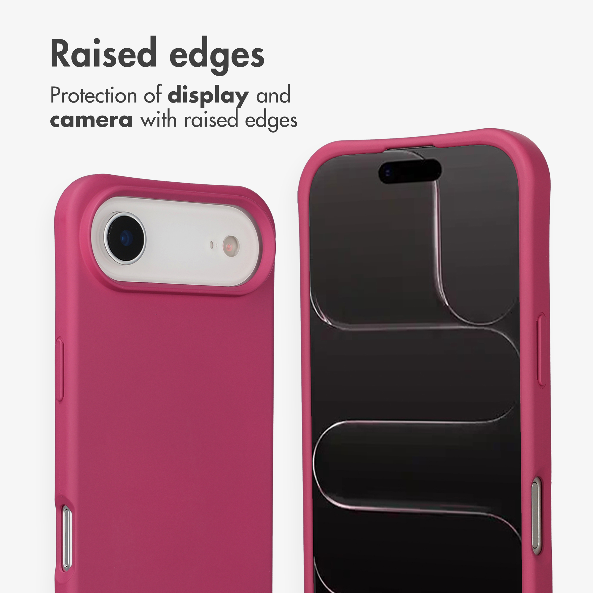 Rosa Smartphone-Hülle mit erhöhten Kanten zum Schutz von Kamera und Display.
