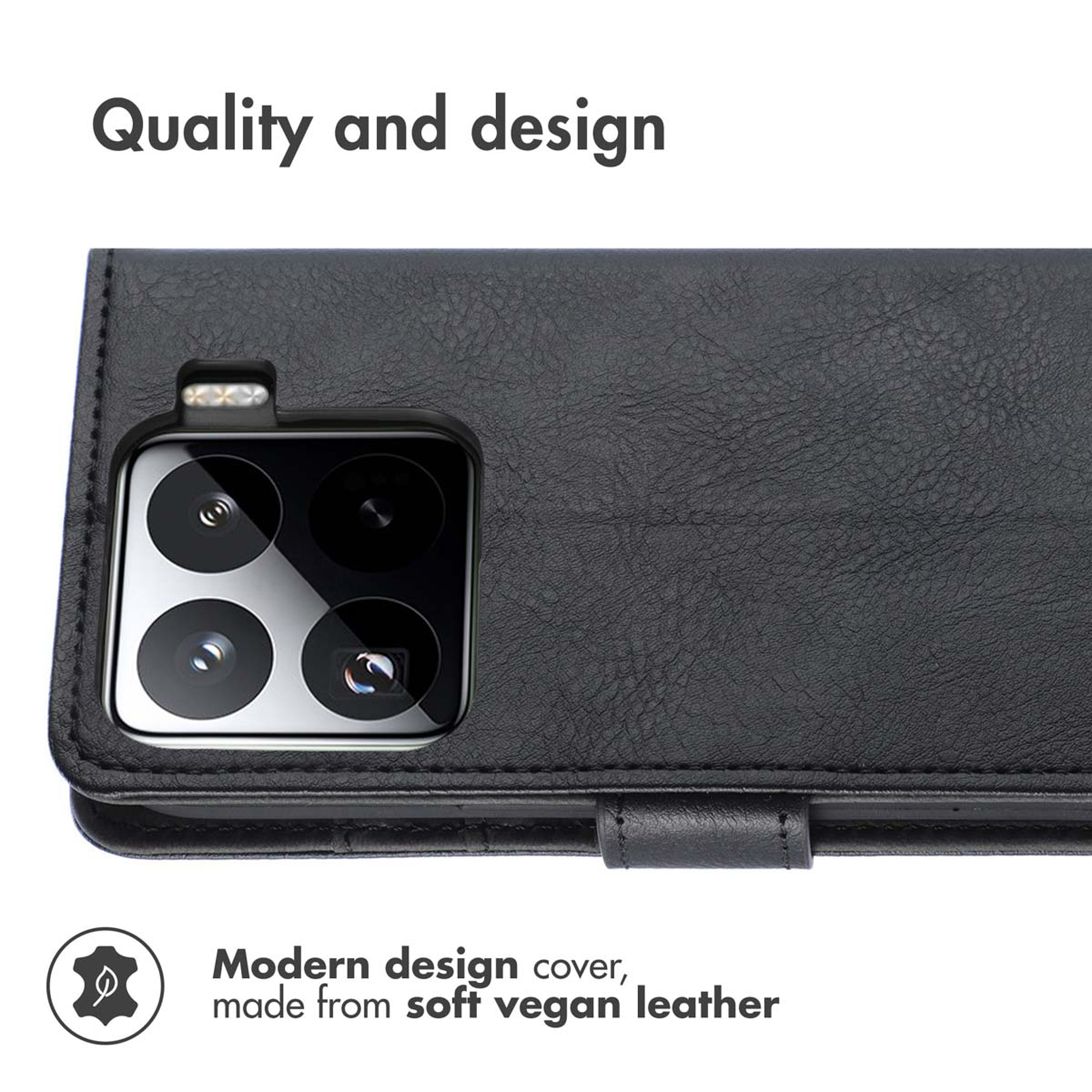 Funda de cuero vegano negro con recorte para cámara y texto: Calidad y diseño.