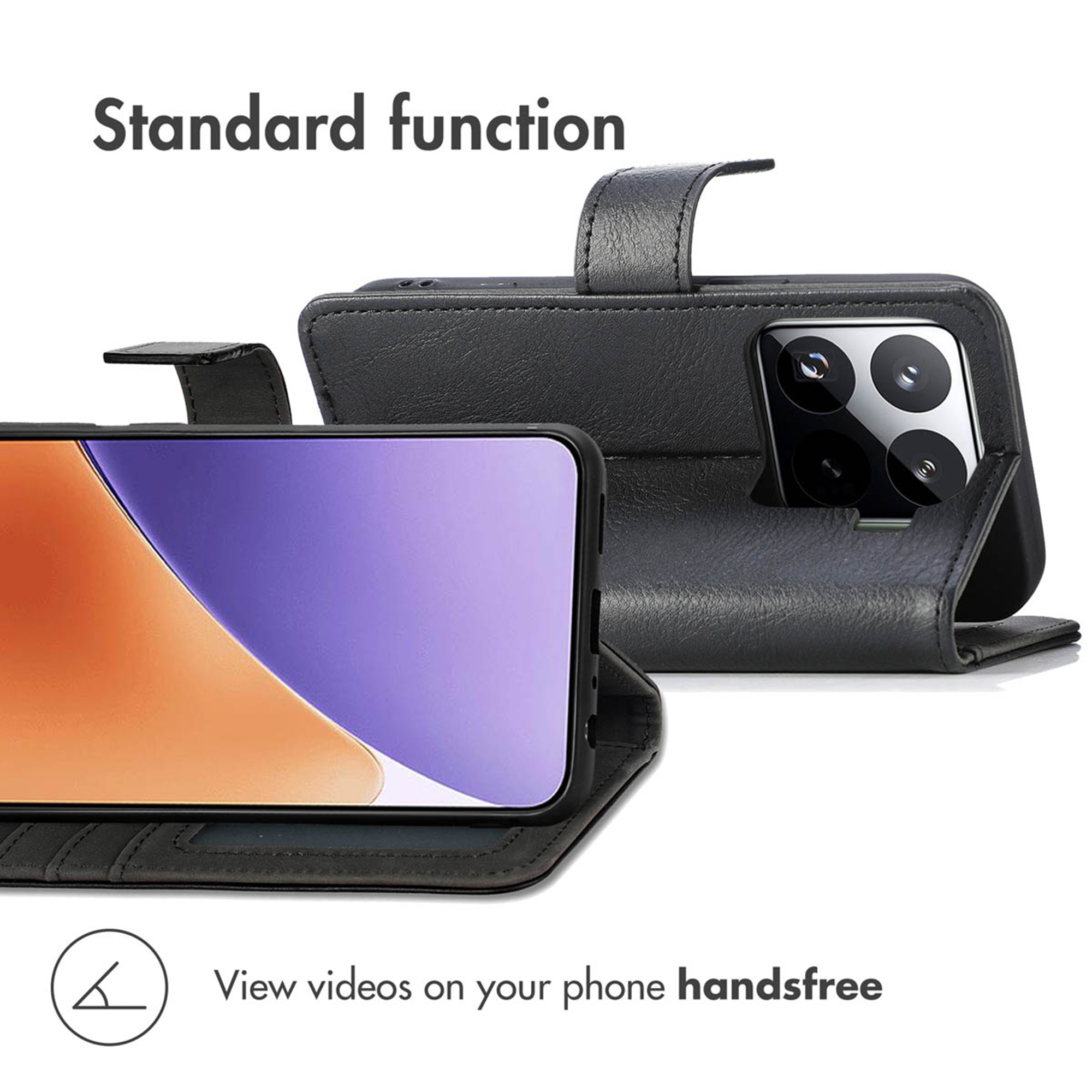 Funda de piel negra para teléfono que protege el smartphone y permite ver vídeos con manos libres.