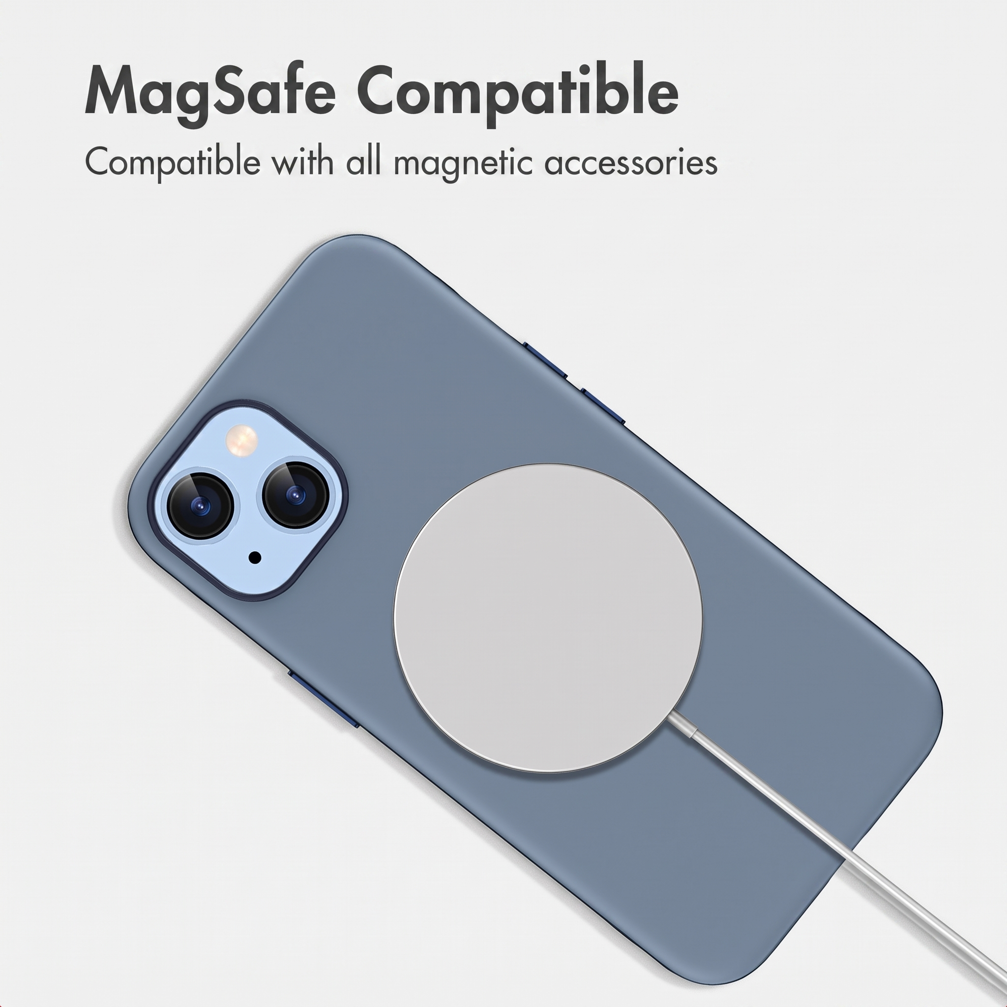 MagSafe-kompatibles blaues Smartphone mit kabellosem Ladegerät auf der Rückseite.