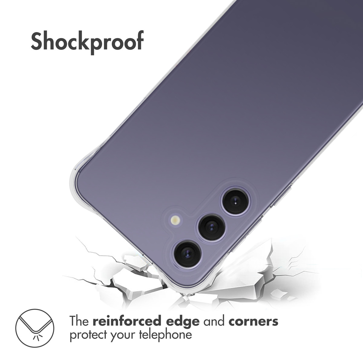 Un teléfono morado con funda antichoque sobre fondo blanco agrietado. Texto: Shockproof.