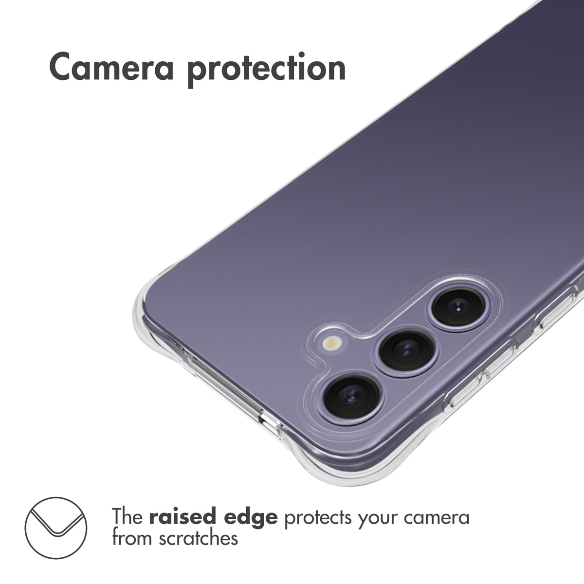 Smartphone morado en funda transparente con borde elevado para proteger la cámara.
