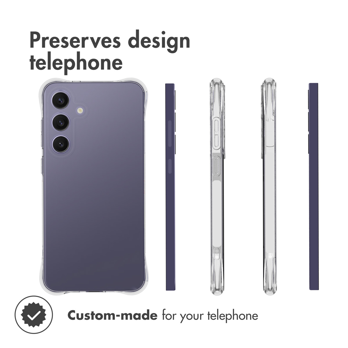 Una funda protectora morada para un smartphone, mostrada desde varios ángulos.