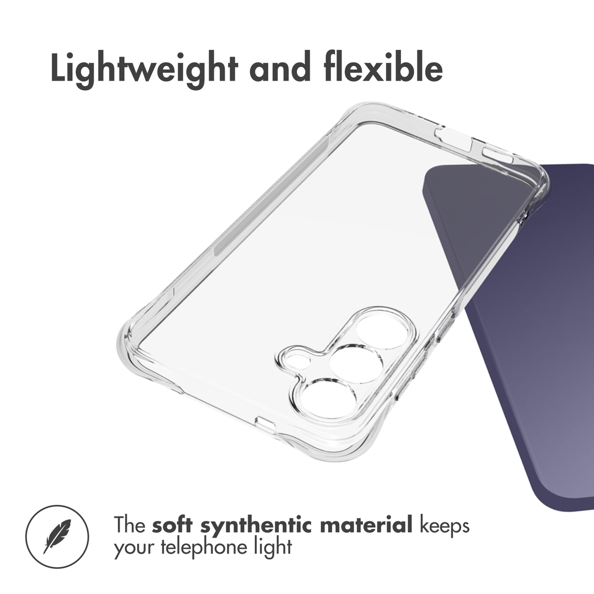 Una funda de teléfono transparente y flexible sobre una superficie morada, con texto.