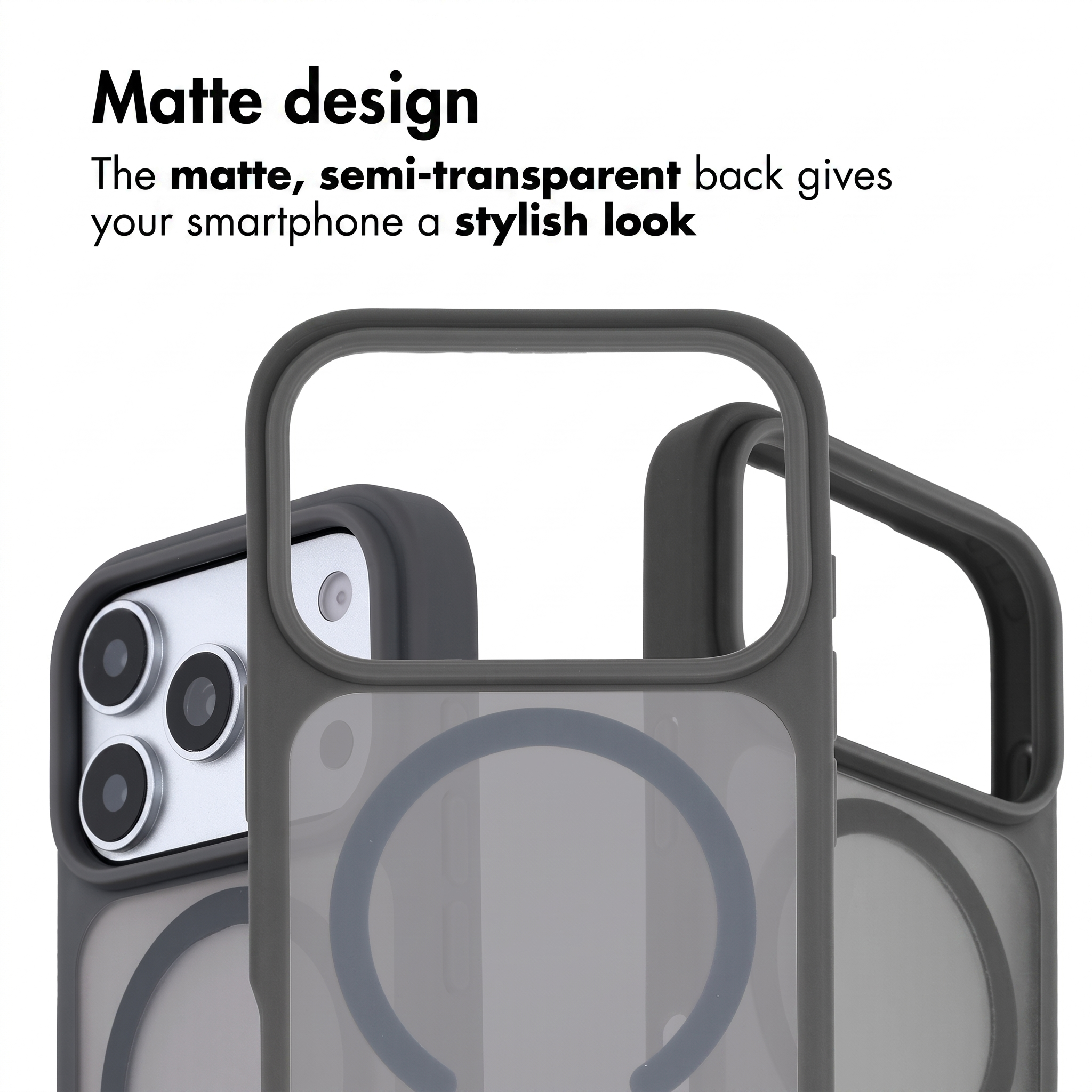 Una custodia per smartphone con retro opaco semitrastransparent e anello magnetico, testo sopra.
