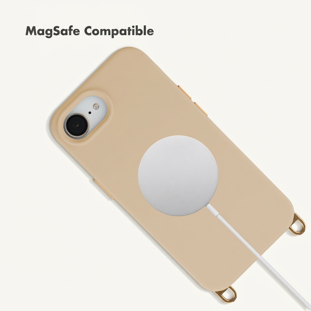 Un smartphone beige avec un chargeur MagSafe sur fond blanc.