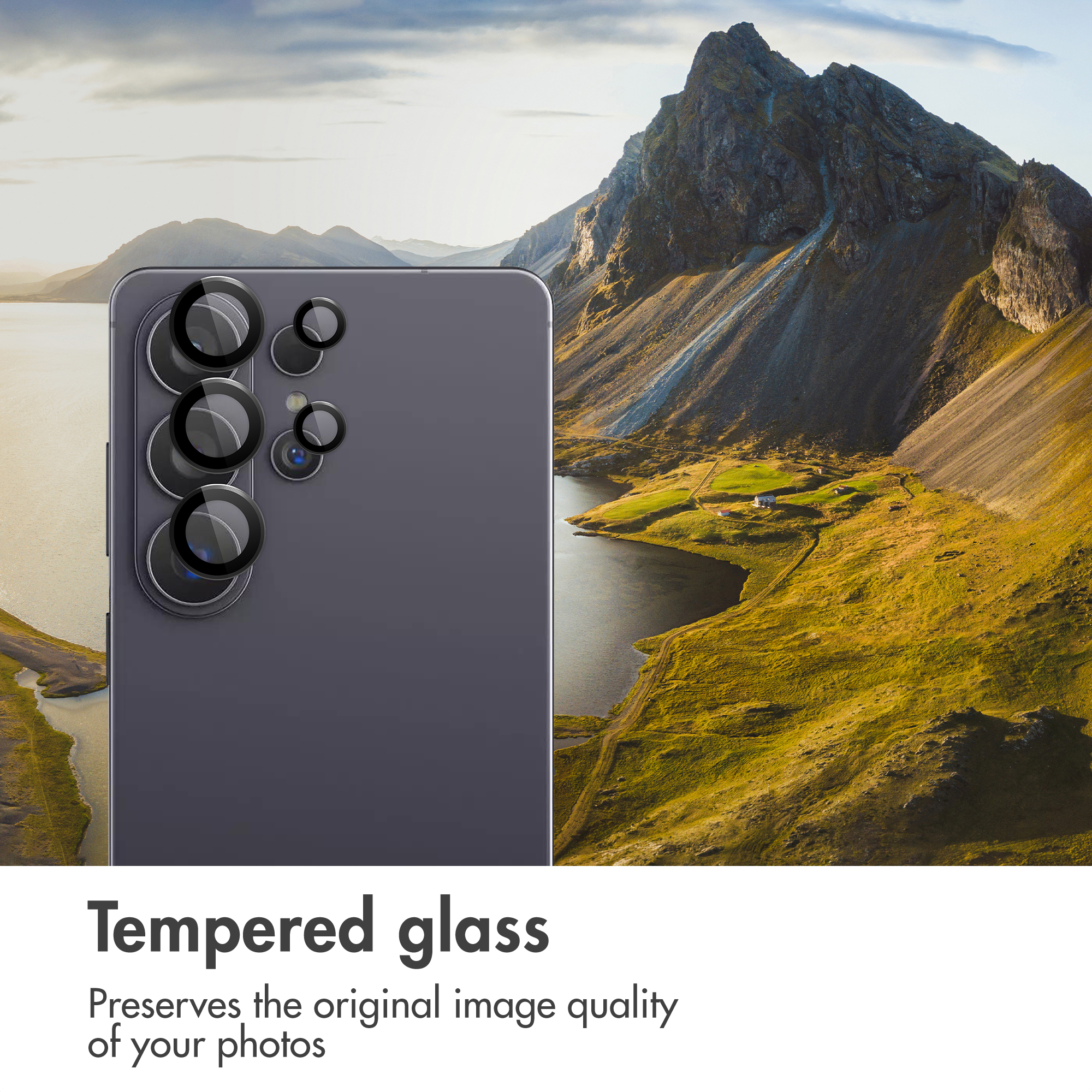 Vetro temperato su uno smartphone davanti a un paesaggio di montagna e lago con testo.