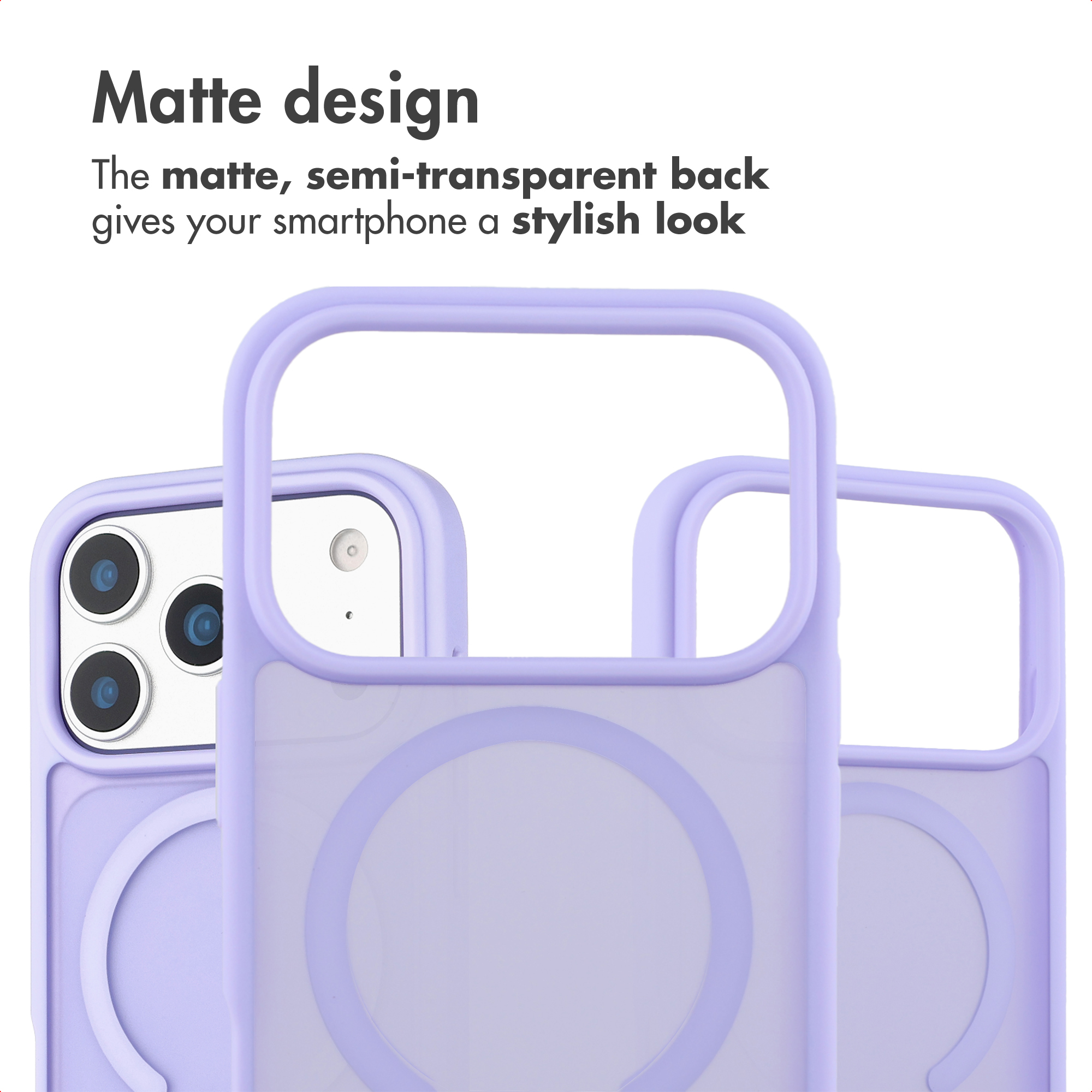 Three light purple matte smartphone cases with semi-transparent backs and text about matte design.