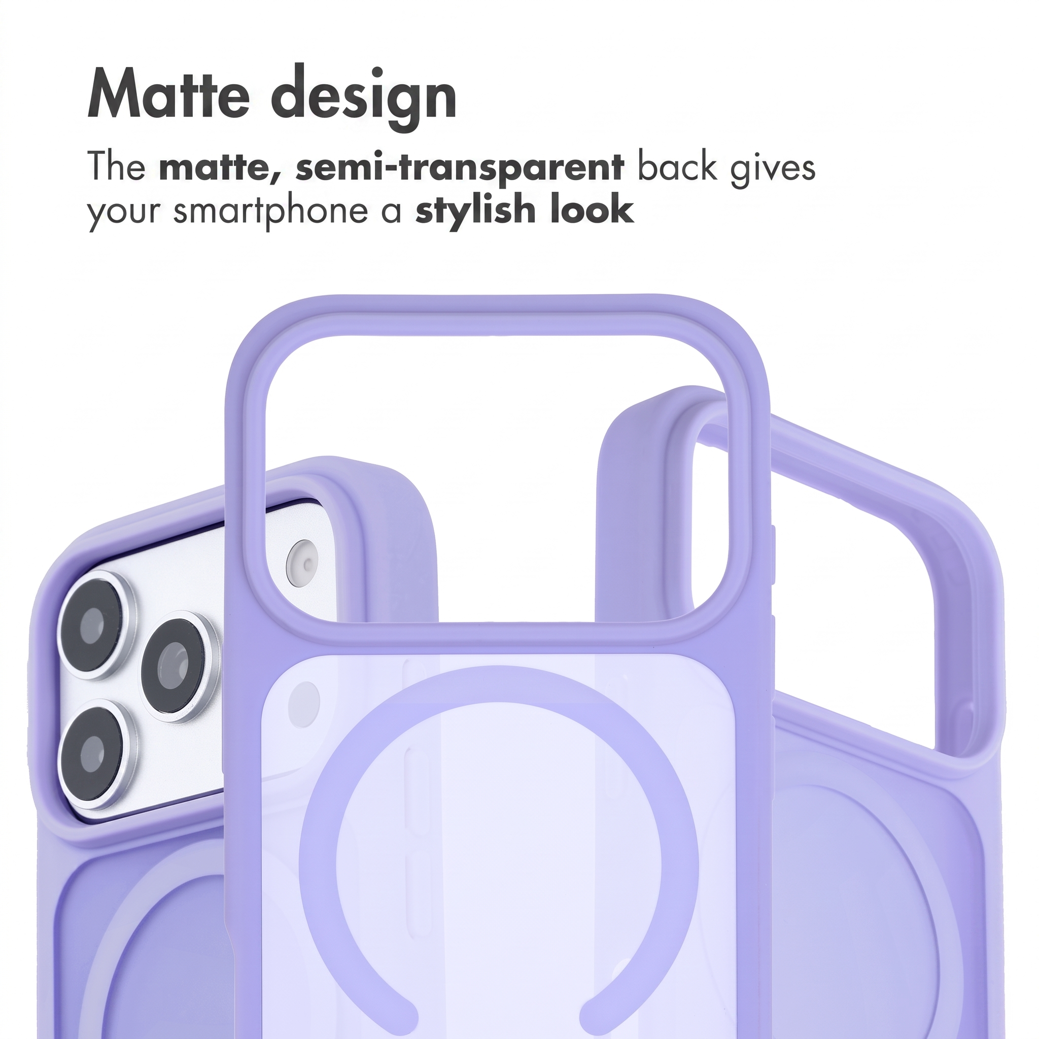 Tre cover per smartphone viola con design opaco semitrasparente e ritaglio per fotocamera.